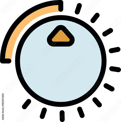 Circular volume knob with increasing sound level, featuring an upward pointing arrow and emanating rays of light