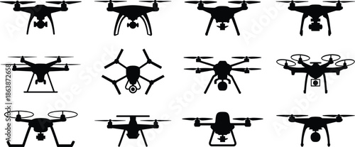 Drone silhouette set, black vector, quadcopter icon, hexacopter design, aerial tech, camera drone, rotor layout, isolated graphic, flying device