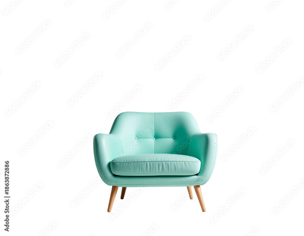 Fototapeta premium Turquoise upholstered lounge armchair with wooden tapered legs and cozy cushions