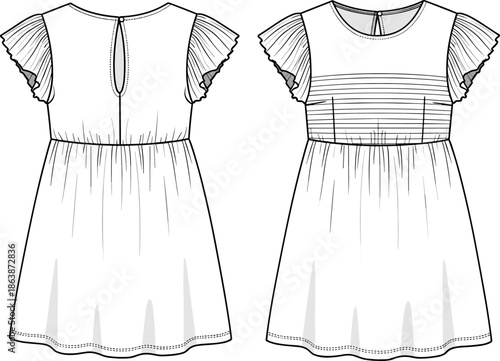 Girls Toddler Baby Fashion Flat Sketch Technical Drawing Illustration of Ruffle Sleeve Pintuck Bodice Dress with Back Keyhole Opening Vector