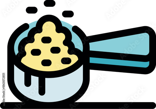 Metal scoop overflowing with protein powder, ideal for fitness nutrition and muscle building