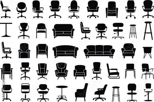 Furniture silhouette, seating icon, black vector, office chair, armchair, sofa, stool, table design, interior decor, ergonomic graphic