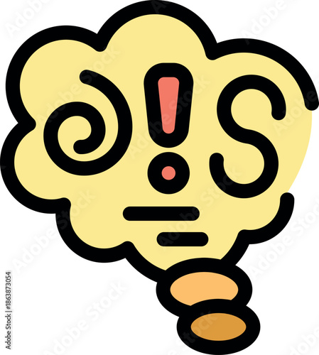 Yellow thought bubble with an sos message and an exclamation mark, representing a call for help or an emergency situation