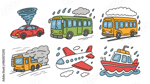 Transportation Illustration with Weather Elements: Colorful cartoon illustrations of vehicles with different weather conditions, depicting various modes of transportation in different scenarios. 