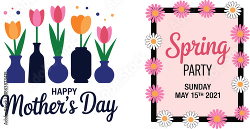 Vibrant tulips in blue vases celebrating Mothers Day next to a cheerful spring party invitation