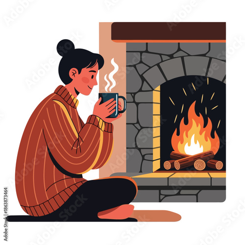 Relaxing woman enjoying coffee by cozy fireplace on a chilly winter day