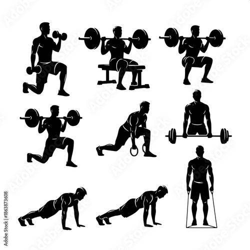 A set of nine athletic male silhouettes demonstrating various gym exercises, flat vector design, high contrast black on white.