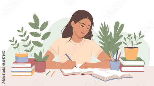 Young woman quietly writes in a notebook at her desk surrounded by books and green houseplants
