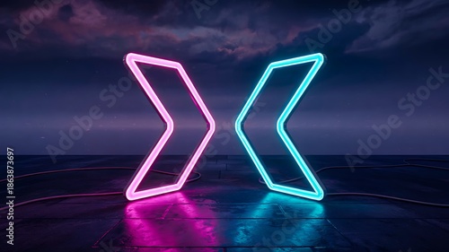 Neon arrow lights facing opposite direction at night

