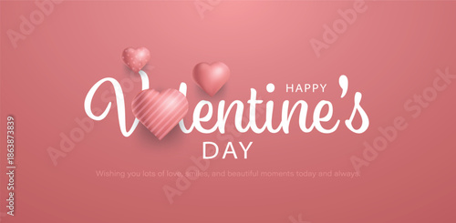 Valentines day holiday banner. Pink heart with typography on minimal background. Holiday banner, flyer, greeting card.