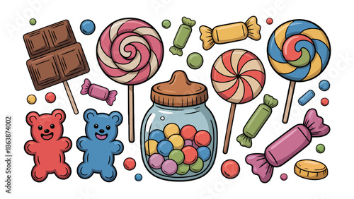 A Delightful Assortment: A whimsical collection of sweet treats, from colorful candies and lollipops to chocolate bars and gummy bears, offering a visual feast of sugary delights.
