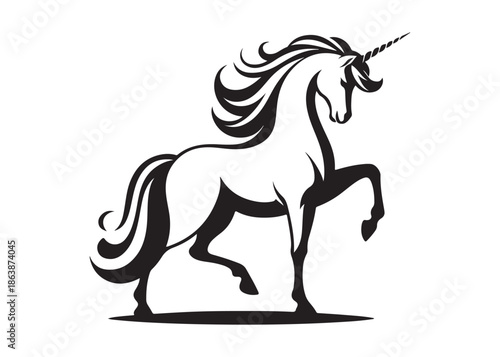 unicorn horse logo silhouette vector, magical fantasy horse logo silhouette illustration, vector unicorn  horse with horn logo, horse animals magic fantasy logo vector silhouette on white background
