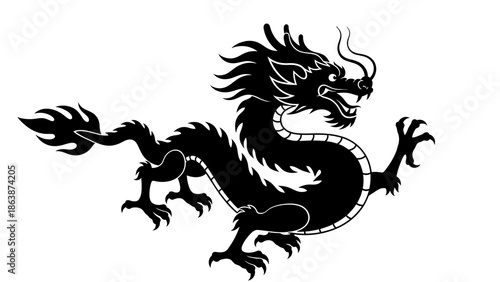 A black silhouette vector illustration of a dragon, symbolizing Chinese New Year, with a lantern in the background on a white isolated backdrop.