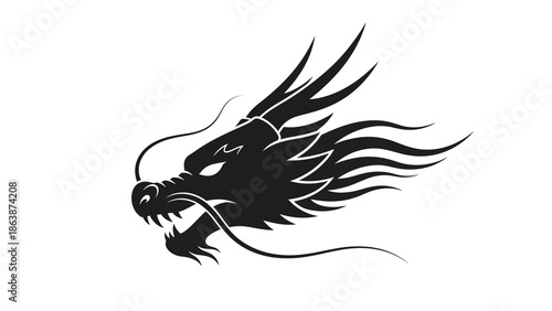 Vector silhouette of a dragon's head with flowing mane and sharp teeth on a white background, symbolizing Chinese New Year.