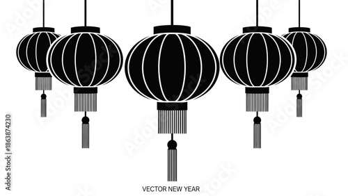 Vector illustration of hanging Chinese New Year lanterns in silhouette against a white background, with a festive and celebratory mood.