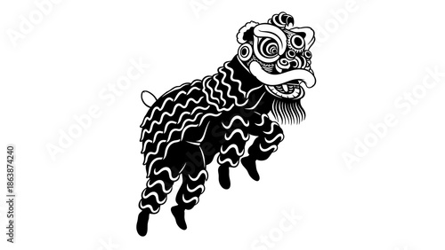 A black and white vector silhouette of a lion dance figure, a traditional Chinese New Year icon, against a clean white background with bold lines and intricate patterns.