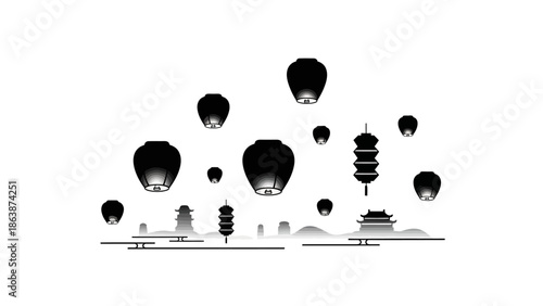 Vector illustration of Chinese New Year lanterns in silhouette, floating above pagodas and buildings against a white background.