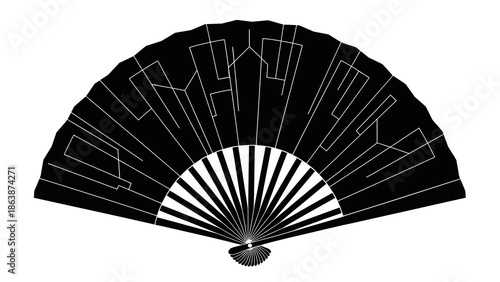 Vector silhouette of a traditional Chinese fan with intricate designs on a white background, symbolizing Chinese New Year.