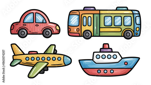 Vehicular Variety: A collection of charming, colorful vehicle illustrations, encompassing a car, a bus, an airplane, and a ship, offering a delightful array of transportation options.