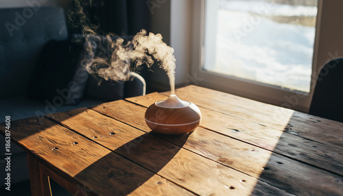 Modern fragrance diffuser for aromatherapy at home, electronic smart device to nebulize essential oils and fragrances inside and control via smartphone for wellness and perfume smell on wooden table