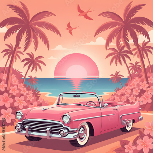 Stylish Pink Classic Convertible Against a Stunning Sunset Beach Backdrop