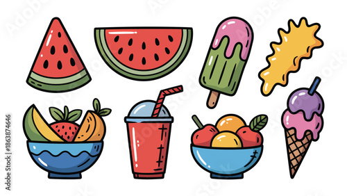 Summer Refreshments: A colorful array of summer treats, including juicy watermelon slices, refreshing ice cream, and fruity delights.