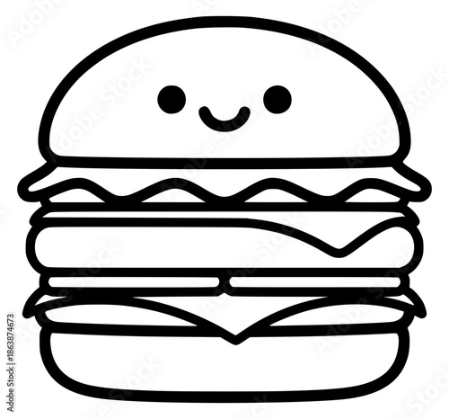 A black and white line art illustration of a cheerful, cartoonish double cheeseburger with a simplified, minimalist aesthetic