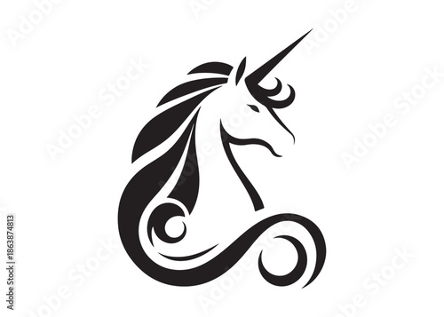 unicorn horse logo silhouette vector, magical fantasy horse logo silhouette illustration, vector unicorn  horse with horn logo, horse animals magic fantasy logo vector silhouette on white background