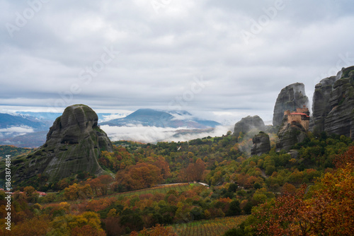 Meteora monasteries in autumn landscape