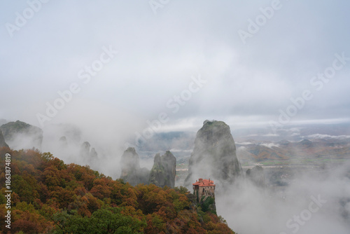 Misty Meteora Monastery landscape