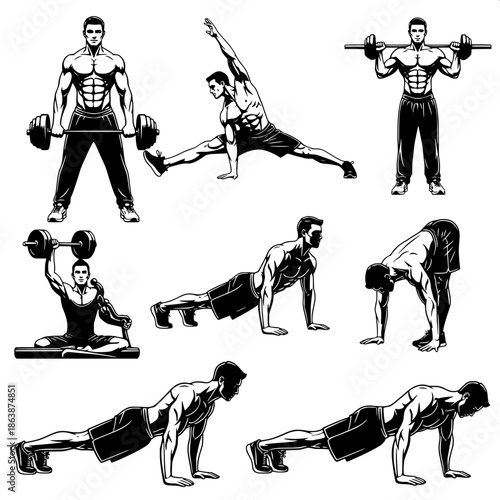 Monochrome fitness illustration featuring muscular male silhouettes performing strength and flexibility exercises, clean minimalist layout.