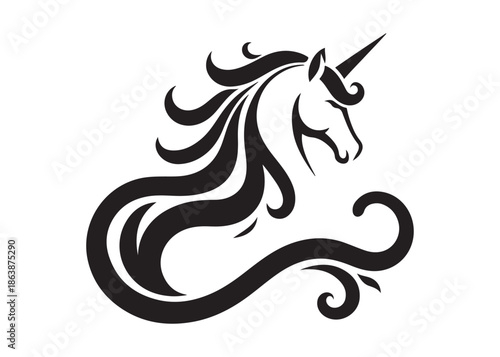 unicorn horse logo silhouette vector, magical fantasy horse logo silhouette illustration, vector unicorn  horse with horn logo, horse animals magic fantasy logo vector silhouette on white background