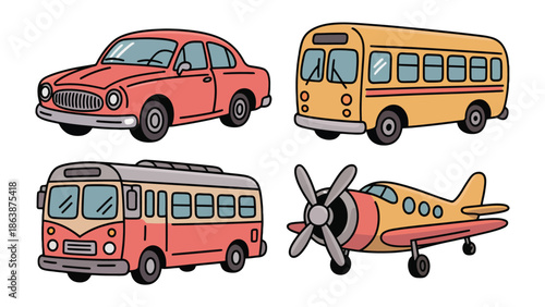 Vehicular Variety: A collection of meticulously illustrated transport, showcasing a classic automobile, school bus, double-decker bus, and a propeller airplane, each exuding a unique charm and style.
