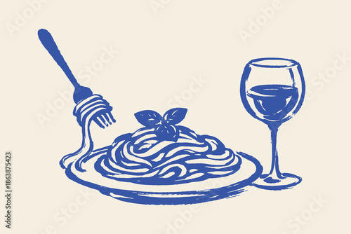 Pasta plate fork wine ink brush sketch vector