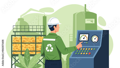 Worker operating industrial machinery control panel in factory.