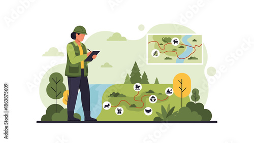 Woman ecologist studying wildlife and environment on tablet.