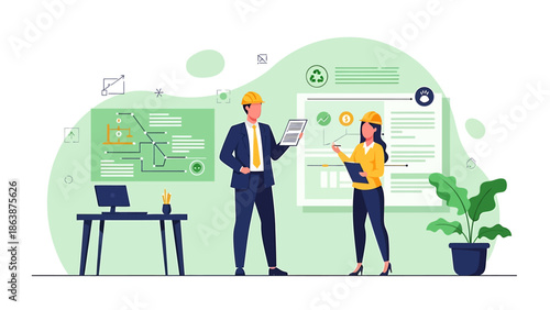 Two architects discussing building plans on site.