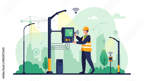 Technician working on smart city street light control panel.