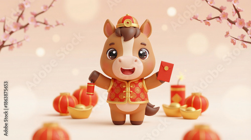 Cute Chibi Horse Character Celebrating Chinese New Year 2026 with Festive Red and Gold Style