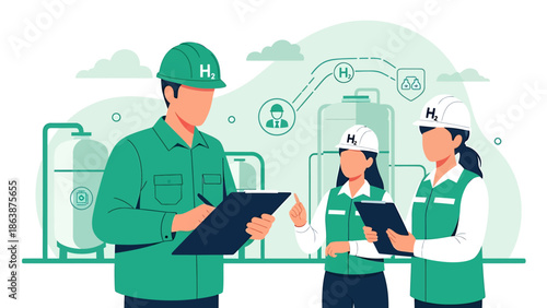 Three engineers in hard hats discussing a project plan.