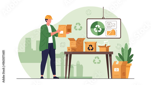 Man Sorting Recyclable Cardboard Boxes for Eco-Friendly Waste Management.