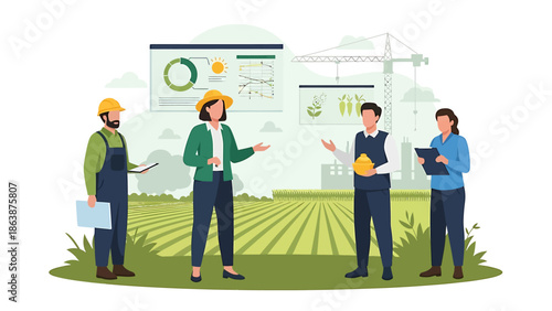 Agricultural professionals discussing data and plans in a field.