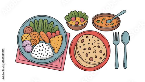 Indian Cuisine Delight: A vibrant illustration showcasing an array of authentic Indian dishes, designed to make your mouth water with its diverse and delicious offerings. 