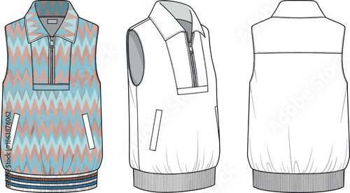Technical flat sketch of a sleeveless quarter-zip vest with chevron pattern featuring ribbed waistband welt pockets and polo collar design