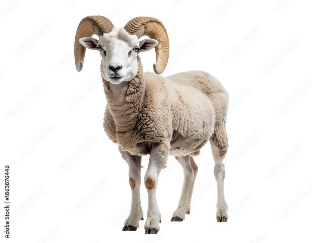 Obraz premium White ram with thick wool and curling horns standing