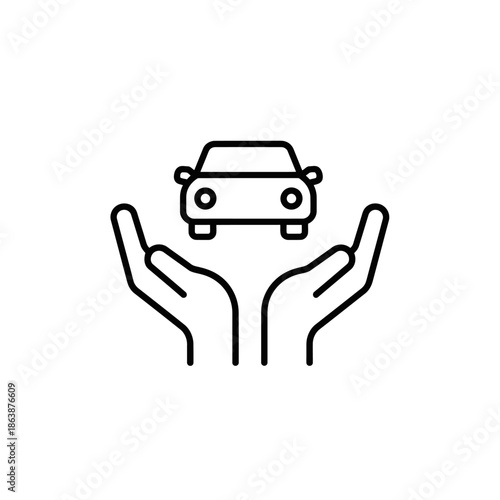 Simple line drawing of hands holding a car icon.