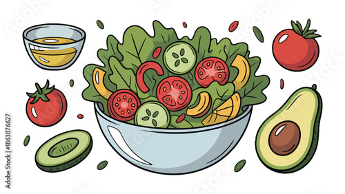 Fresh Garden Salad: A vibrant and healthy garden salad featuring an array of fresh vegetables and ingredients, artfully arranged to showcase culinary delight.