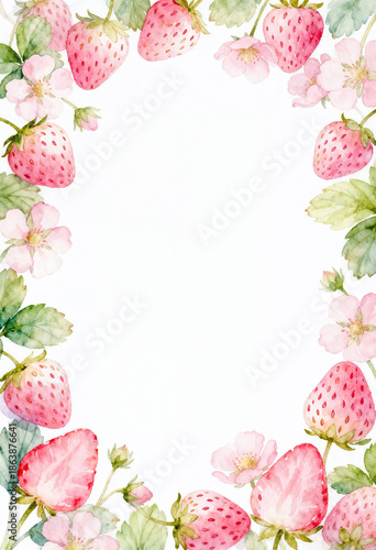 Wallpaper Mural Botanical art border creating a sweet and refreshing atmosphere with a harmonious arrangement of fresh red strawberries and pure white flowers. Torontodigital.ca