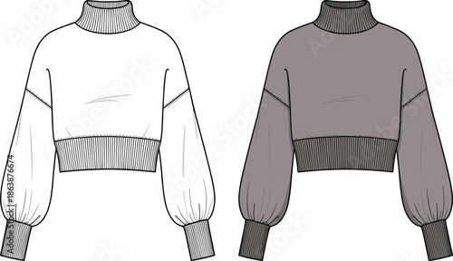 Woman Fashion Oversized Cropped Turtleneck Sweater Vector Technical Sketch Template with Lantern Sleeves and Ribbed Hem Detail in Two Colors