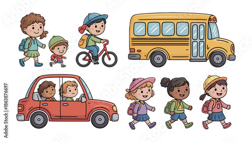School Days: A vibrant illustration depicts the lively journey of children and their modes of transport to school, evoking the excitement and anticipation of learning and friendship.